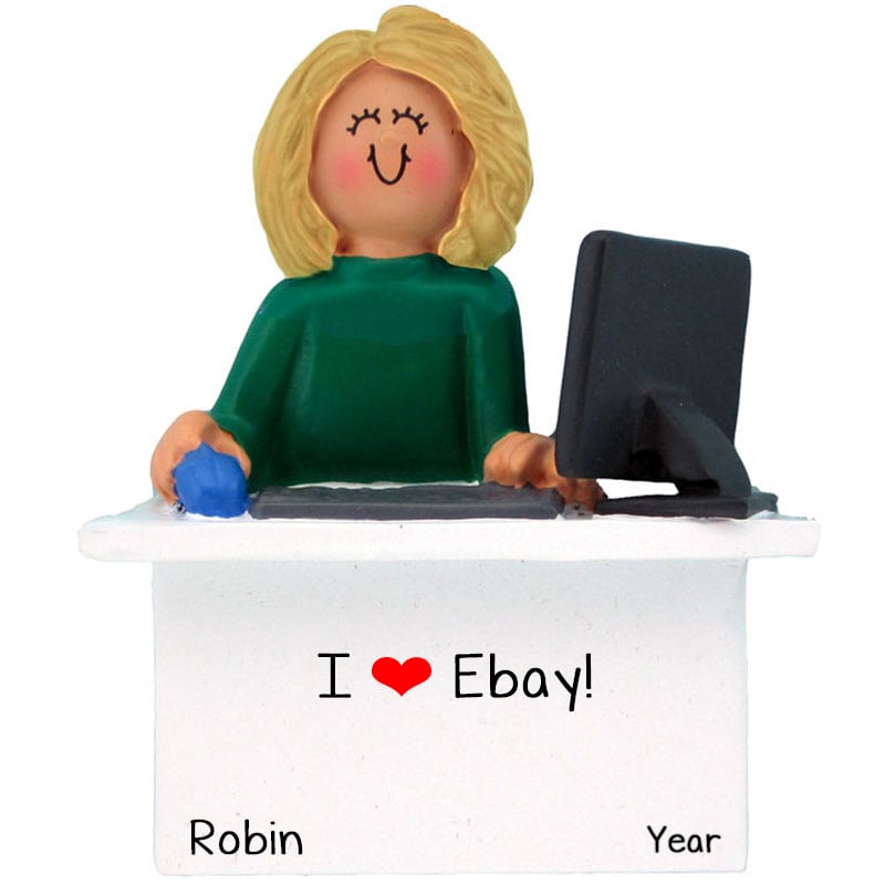 Blonde Female Sitting At Computer Shopping Ebay Ornament