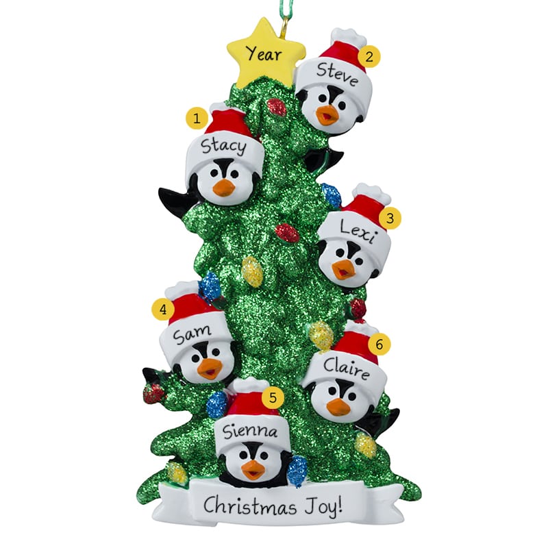 Personalized Family Of 6 Penguins Glittered Tree Ornament ...