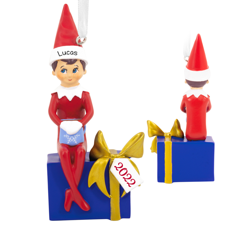 Personalized 2022 Elf On The Shelf Sitting On Present Ornament